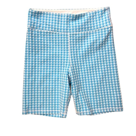 The Upside Masilda larry sports bike Blue White Gingham Check Shorts Sz Large - Picture 1 of 5